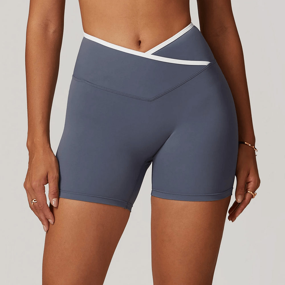 High waist yoga shorts with V-waist design in sleek gray, perfect for gym, running, or lounging, offering comfort and style.