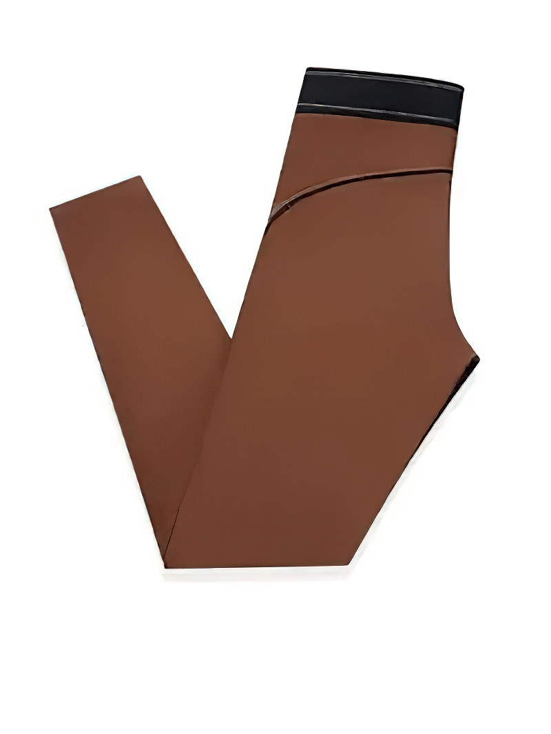 High-waisted brown gym leggings made of elastic compression fabric, offering flexibility and comfort for workouts.