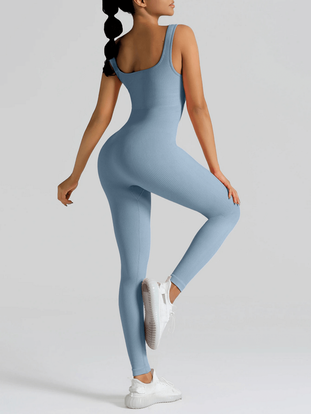 Alt Tag: High Waisted Seamless Yoga Jumpsuit for Women - SF4301 blue ribbed one-piece gym romper, back view, peach-lift sculpt fit