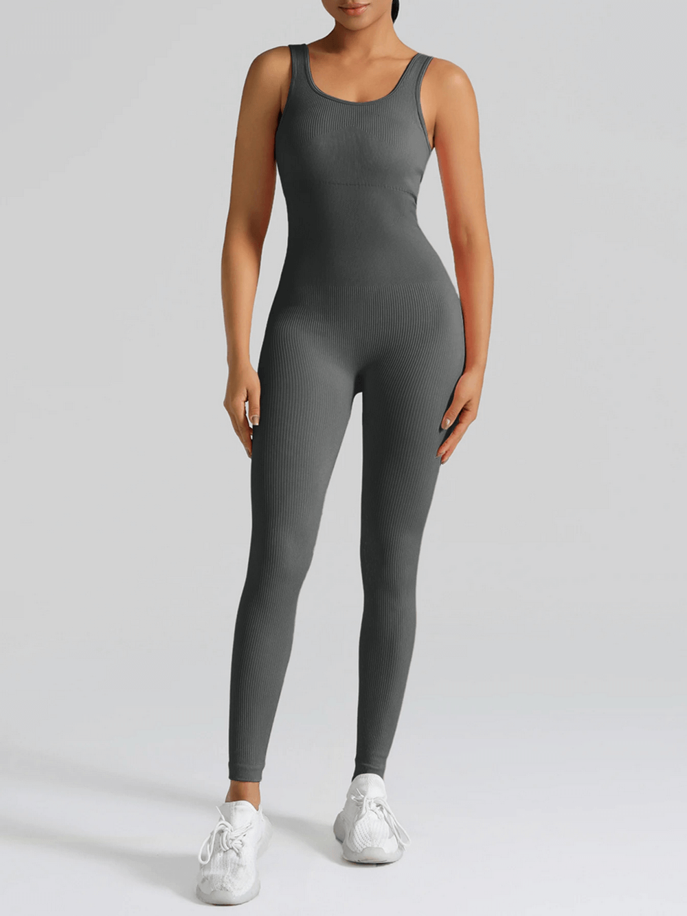 Alt Tag: High Waisted Seamless Yoga Jumpsuit for Women - SF4301 gray one-piece seamless ribbed workout romper bodysuit, high-waisted sculpt fit