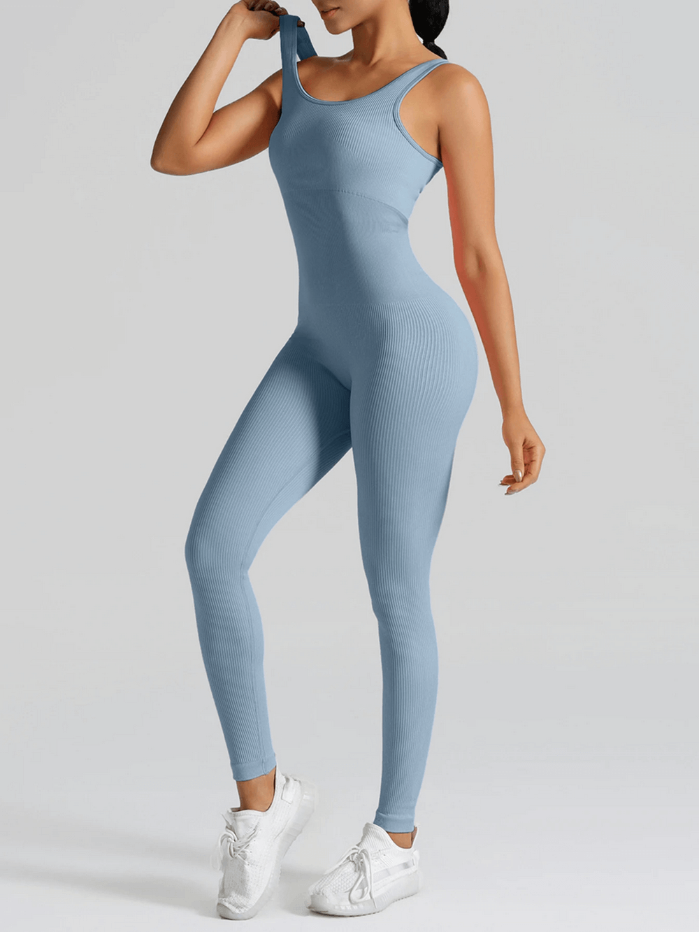 High Waisted Seamless Yoga Jumpsuit for Women - SF4301 light blue ribbed one-piece workout romper bodysuit, sleek gym fit