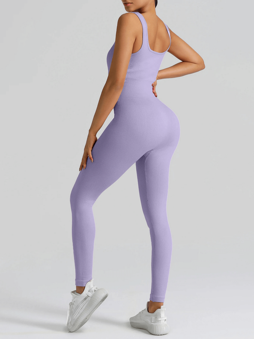 Alt Tag: High Waisted Seamless Yoga Jumpsuit for Women - SF4301 in lavender, seamless ribbed one-piece romper with butt-lifting sculpt fit