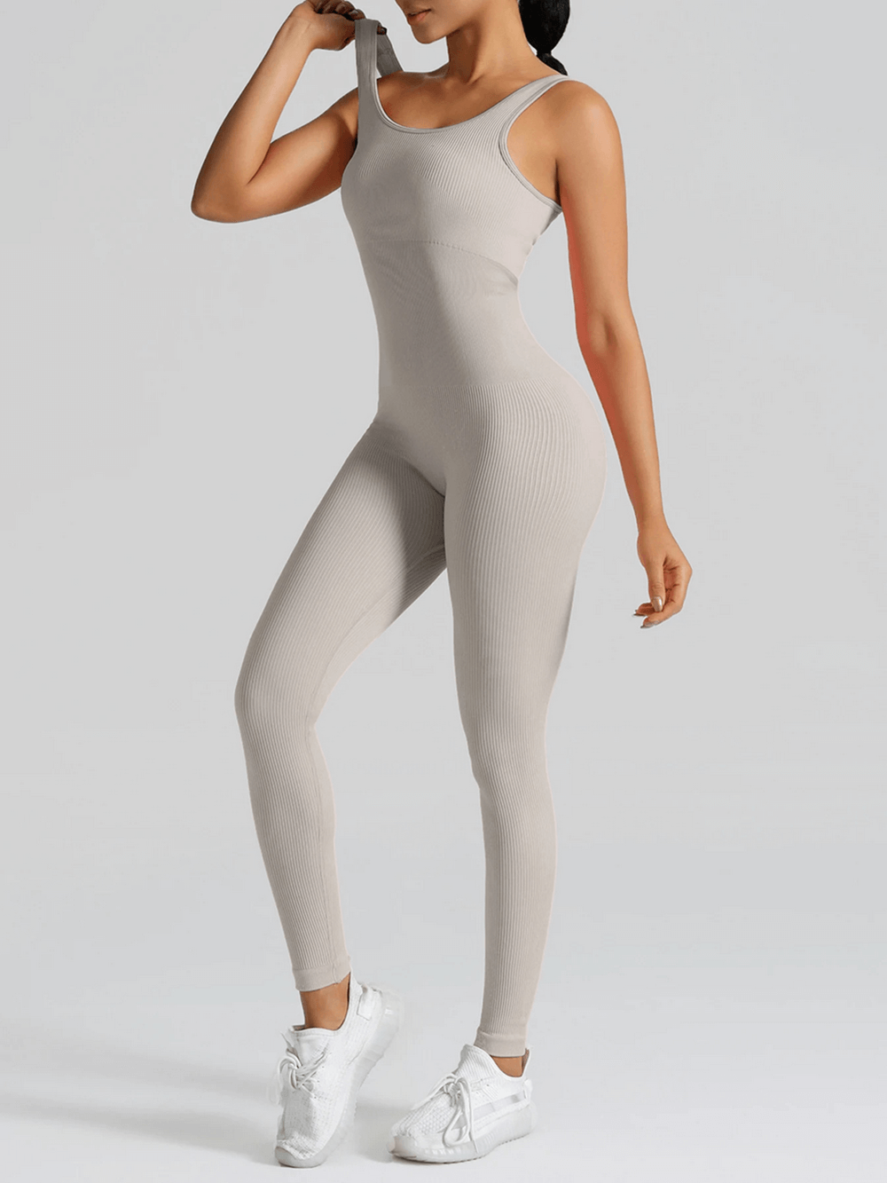 Alt Tag: High Waisted Seamless Yoga Jumpsuit for Women - SF4301 seamless ribbed one-piece workout romper bodysuit, high-waist fit