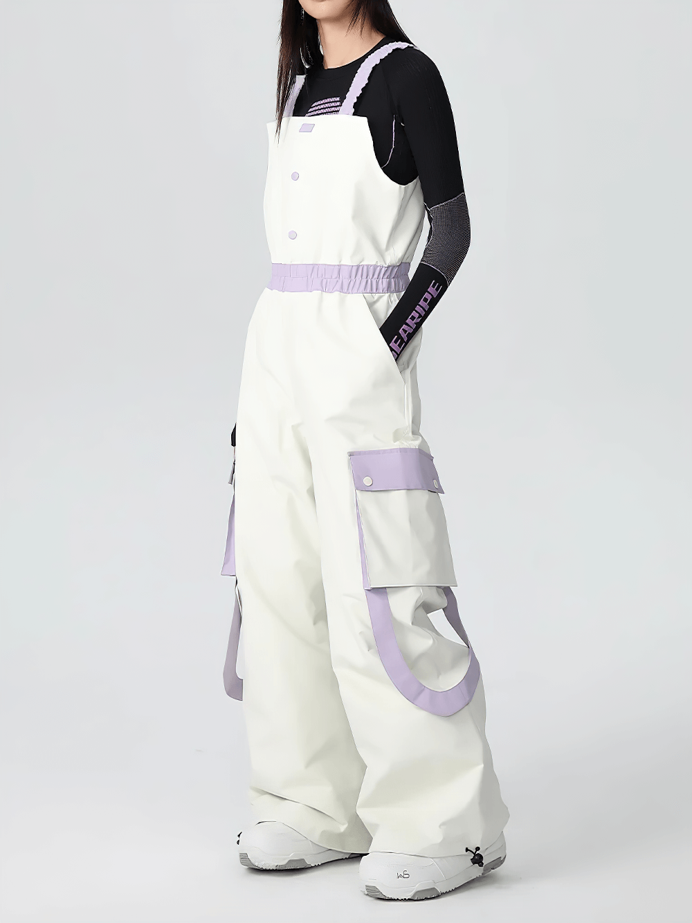 Alt Tag: High-Waisted Ski Pants with Contrast Detailing - SF4283 white bib ski pants with lilac contrast straps, waterproof windproof snow trousers