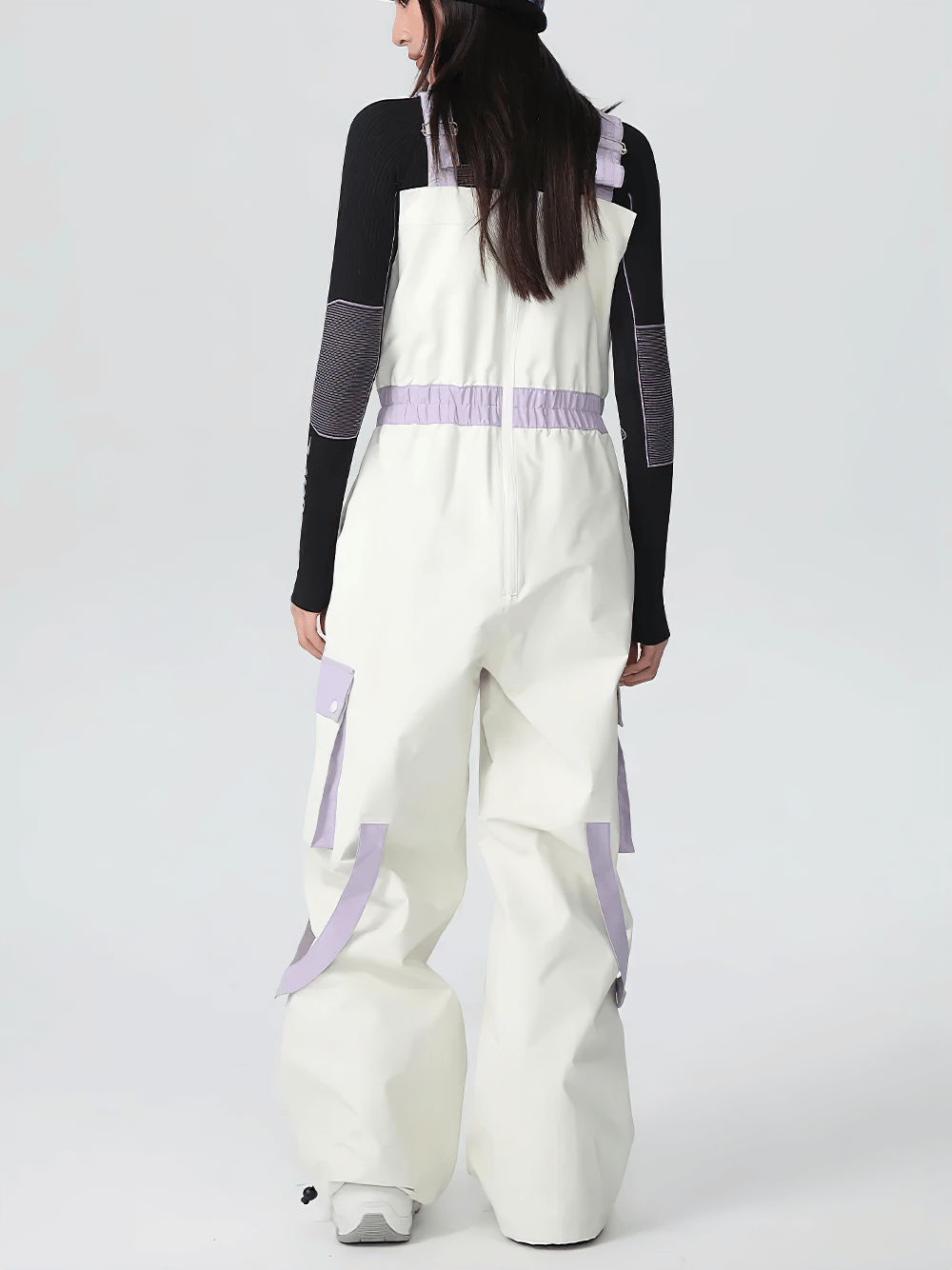 High-Waisted Ski Pants with Contrast Detailing - SF4283 back view waterproof windproof white ski trousers with lavender contrast straps