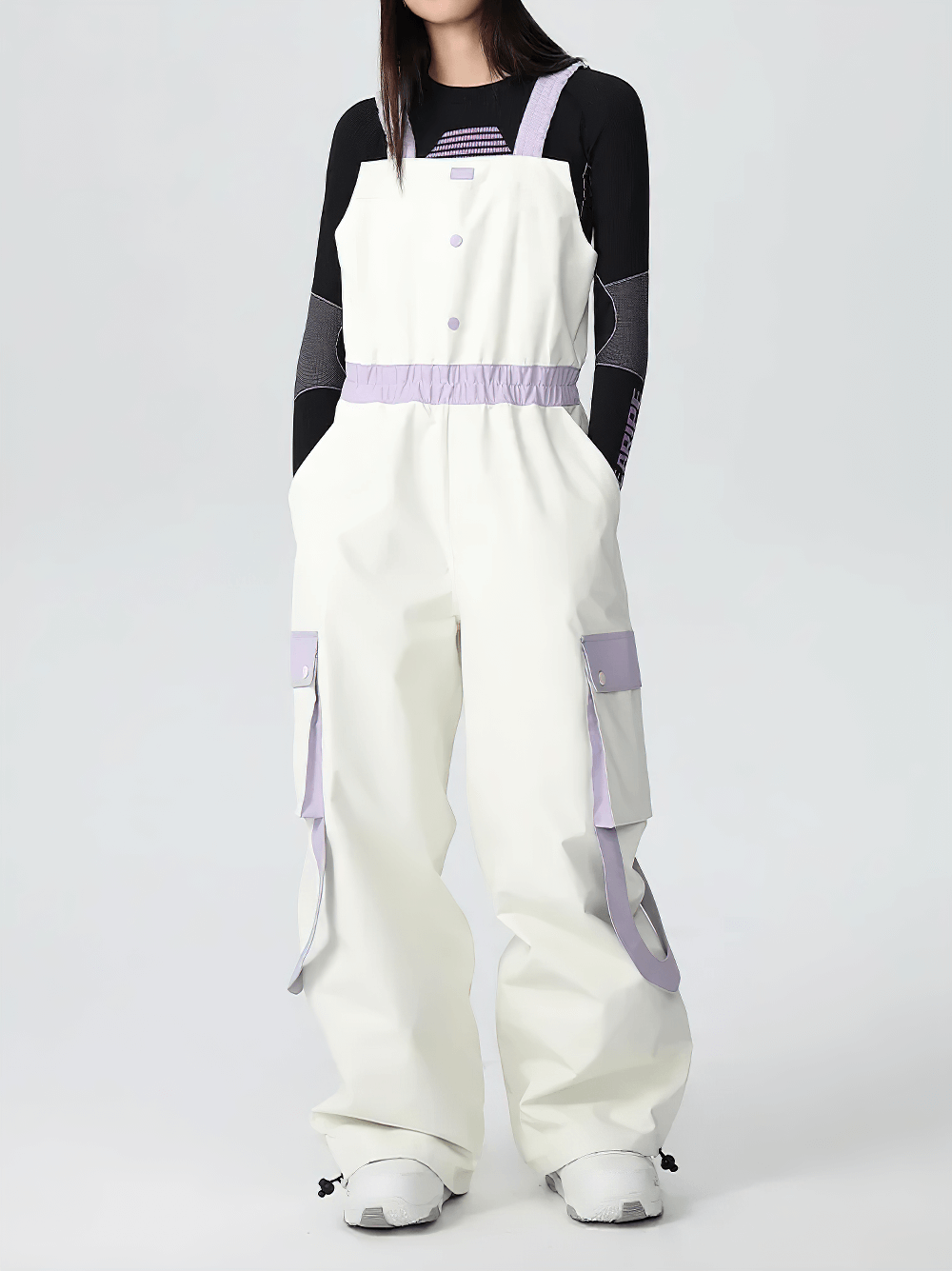 Alt Tag: High-Waisted Ski Pants with Contrast Detailing - SF4283 white waterproof high-waisted bib ski pants with lilac contrast straps