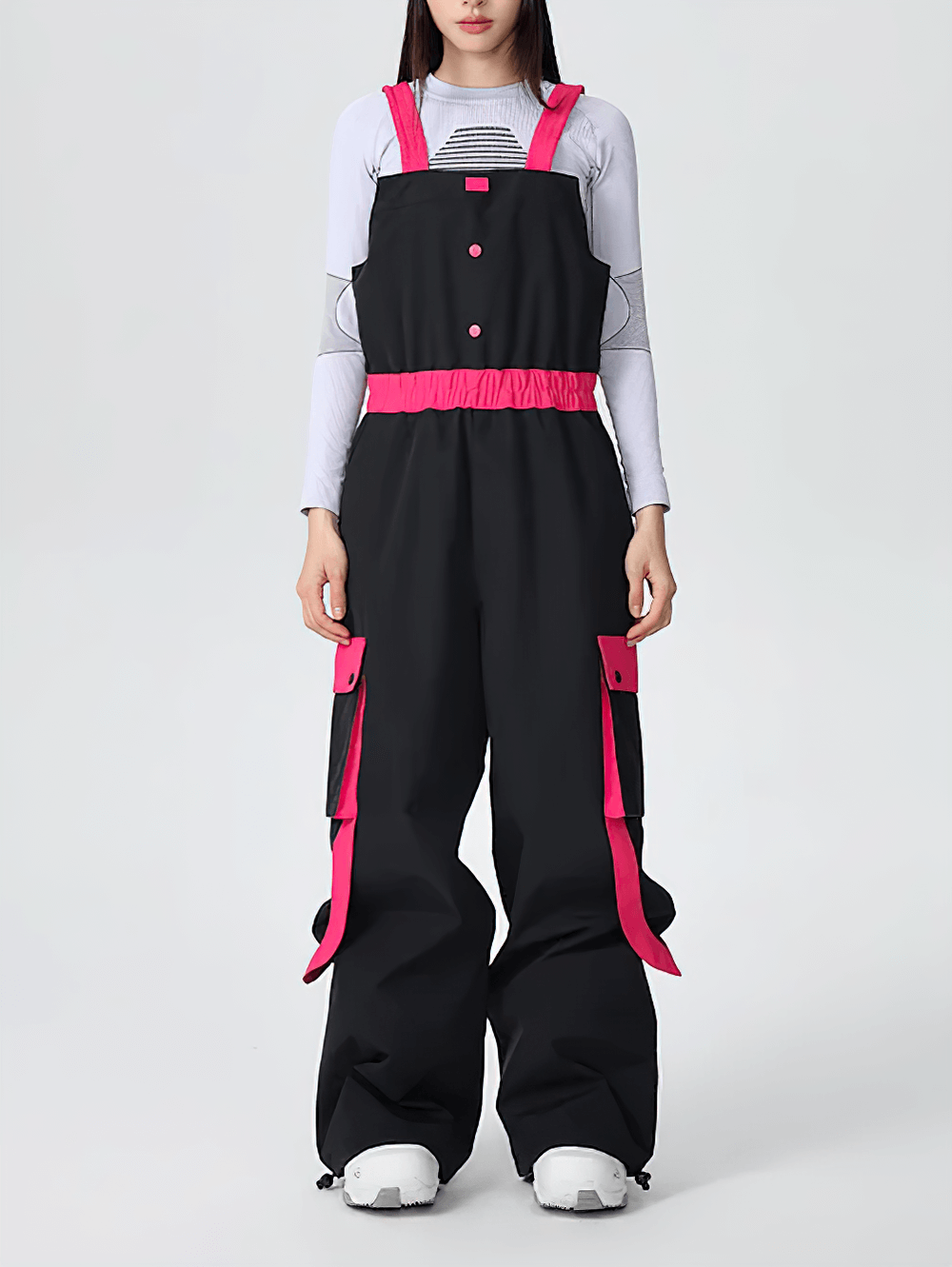 Alt Tag: High-Waisted Ski Pants with Contrast Detailing - SF4283 black waterproof windproof high-waisted bib pants with pink straps