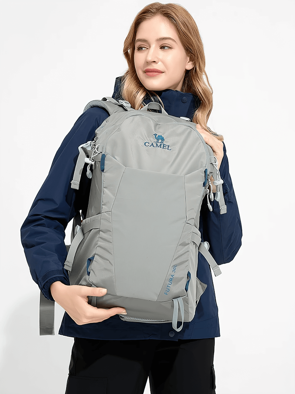 Woman wearing gray hiking backpack with waist pouch and large capacity, ideal for camping and travel, SF2299.