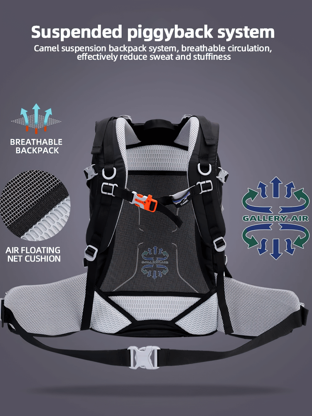 Hiking backpack with breathable suspension system and air floating net cushion, designed for comfort and reduced sweat.