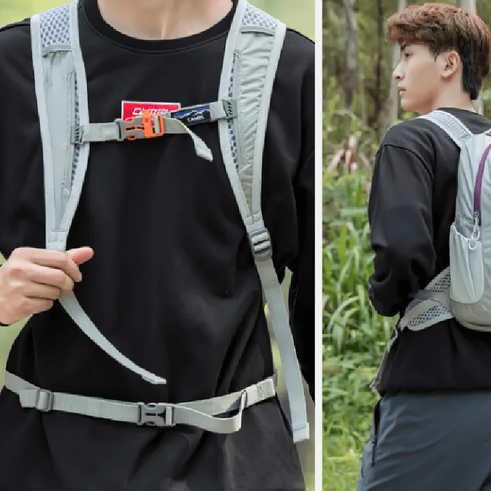 Person showcasing hiking backpack with waist pouch and adjustable straps, ideal for outdoor adventures and travel.