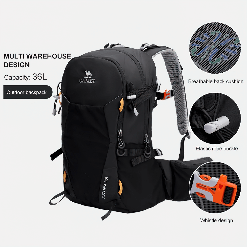 Black hiking backpack with waist pouch, breathable straps, elastic rope buckle, and whistle. Perfect for outdoor adventures.