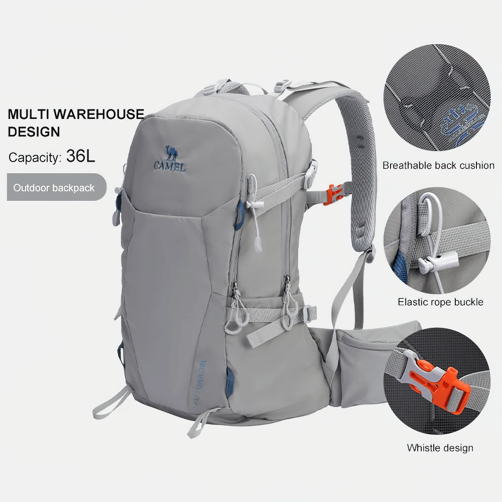 36L hiking backpack with breathable back cushion, elastic rope buckle, and whistle design in sleek gray. Ideal for outdoor adventures.