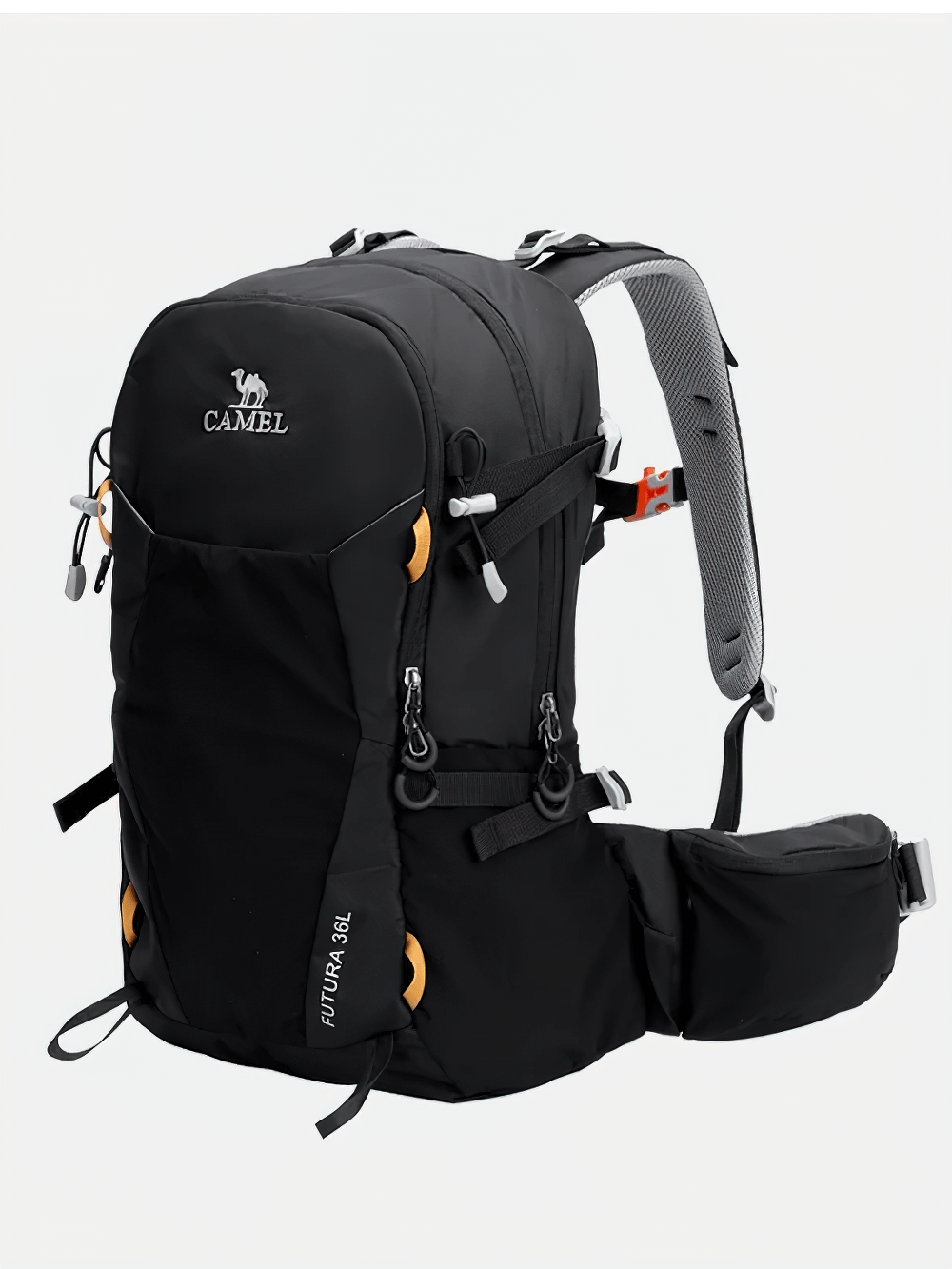 Black hiking backpack SF2299 with waist pouch, adjustable straps, large capacity, and durable materials for outdoor adventures.