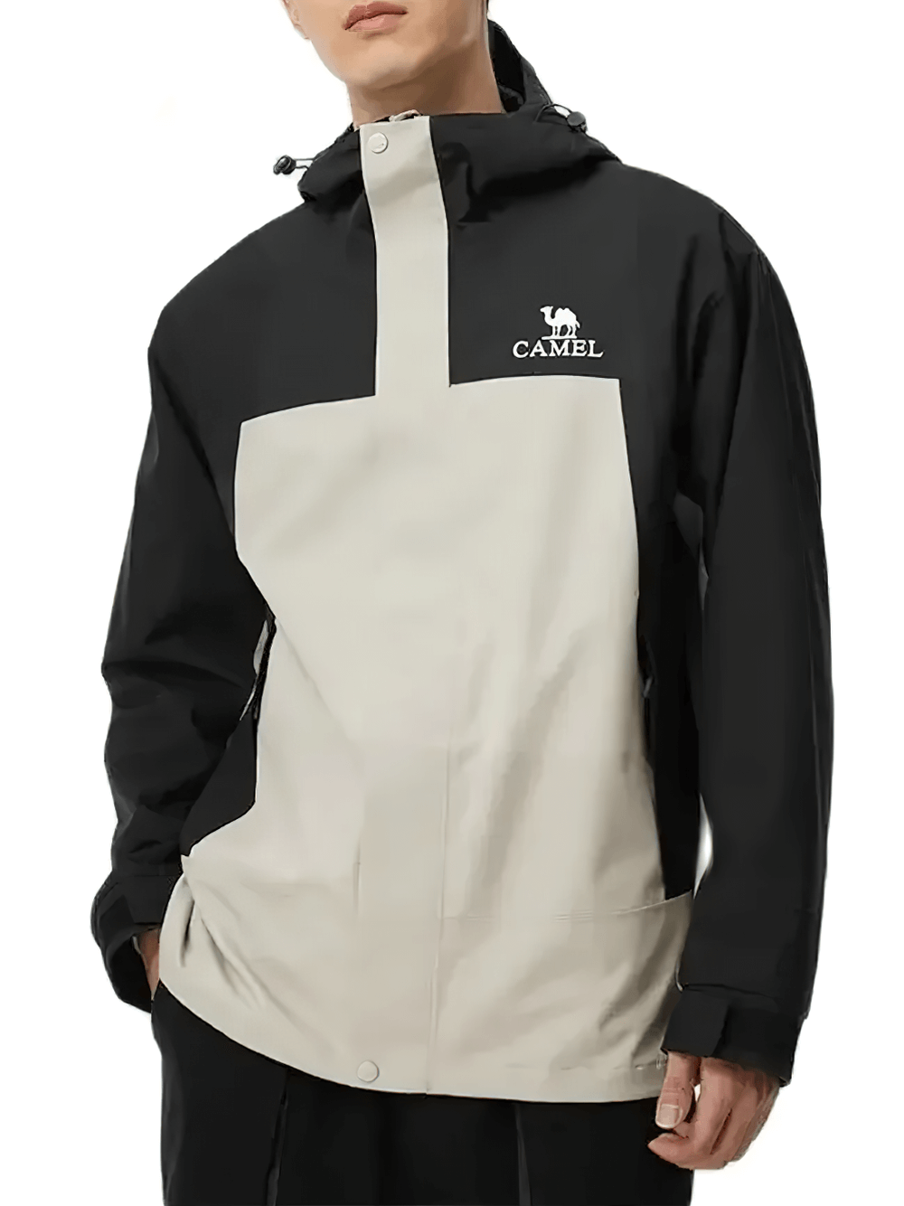 Black and beige hiking windbreaker jacket for outdoor adventures, thermal and quick-dry, perfect for camping and hiking.