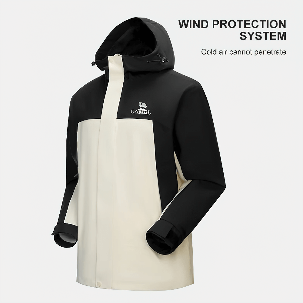 Hiking windbreaker jacket with wind protection system, shown in black and white. Features waterproof, thermal layers for outdoor adventures.