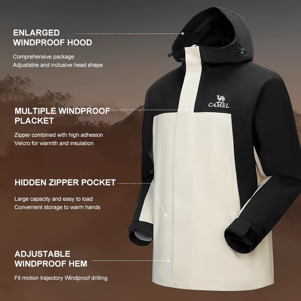 Black and white hiking windbreaker jacket with waterproof features and adjustable hood, perfect for outdoor adventures.