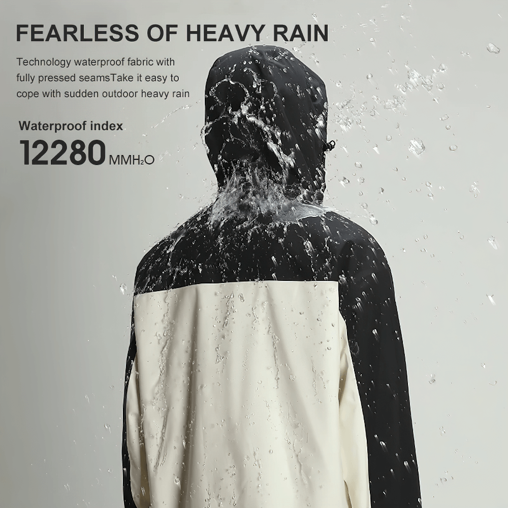 Person wearing a waterproof hiking jacket, with text 'Fearless of Heavy Rain' and waterproof index 12280 MMH₂O visible on the image.