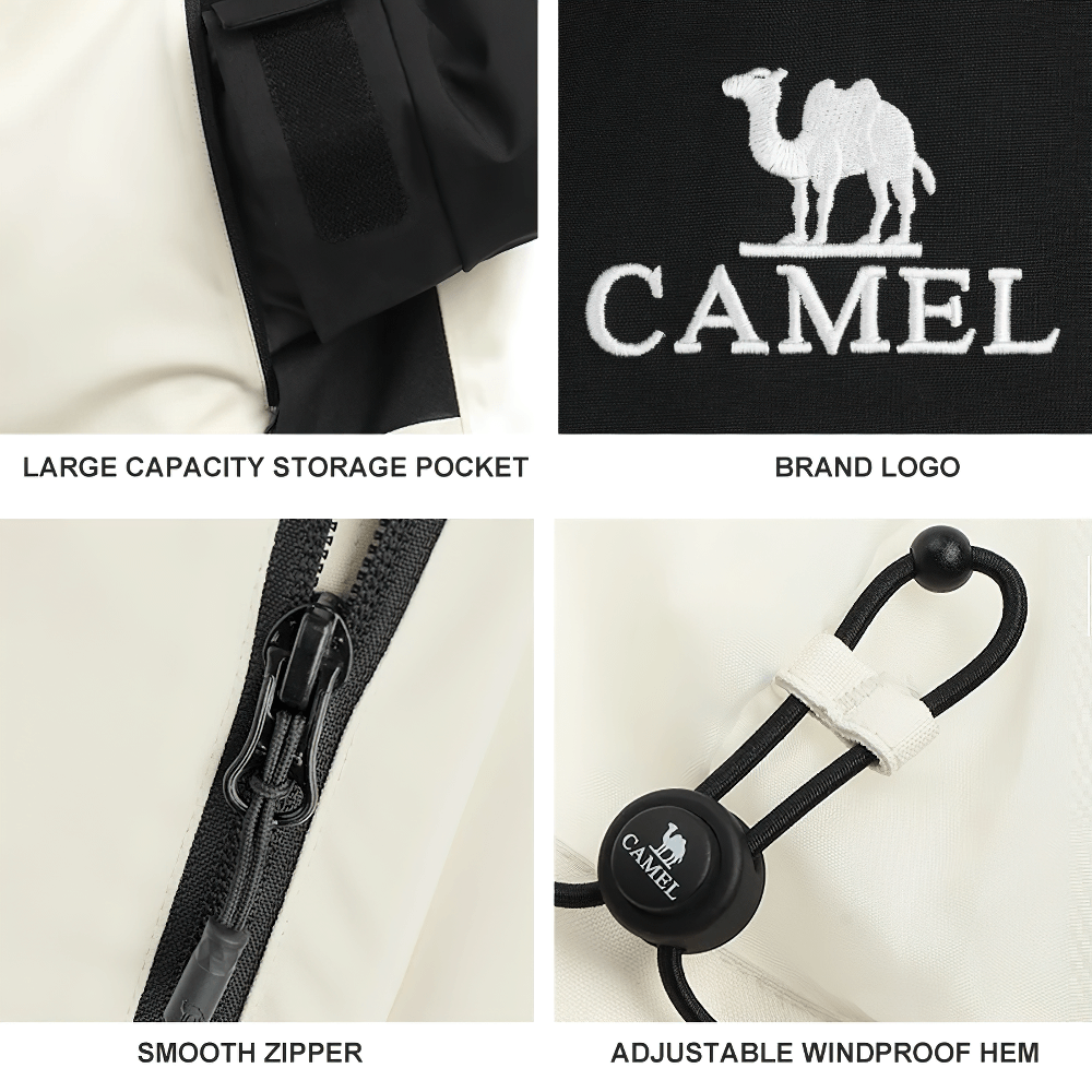 Close-up of hiking windbreaker jacket details: storage pocket, brand logo, smooth zipper, adjustable windproof hem.