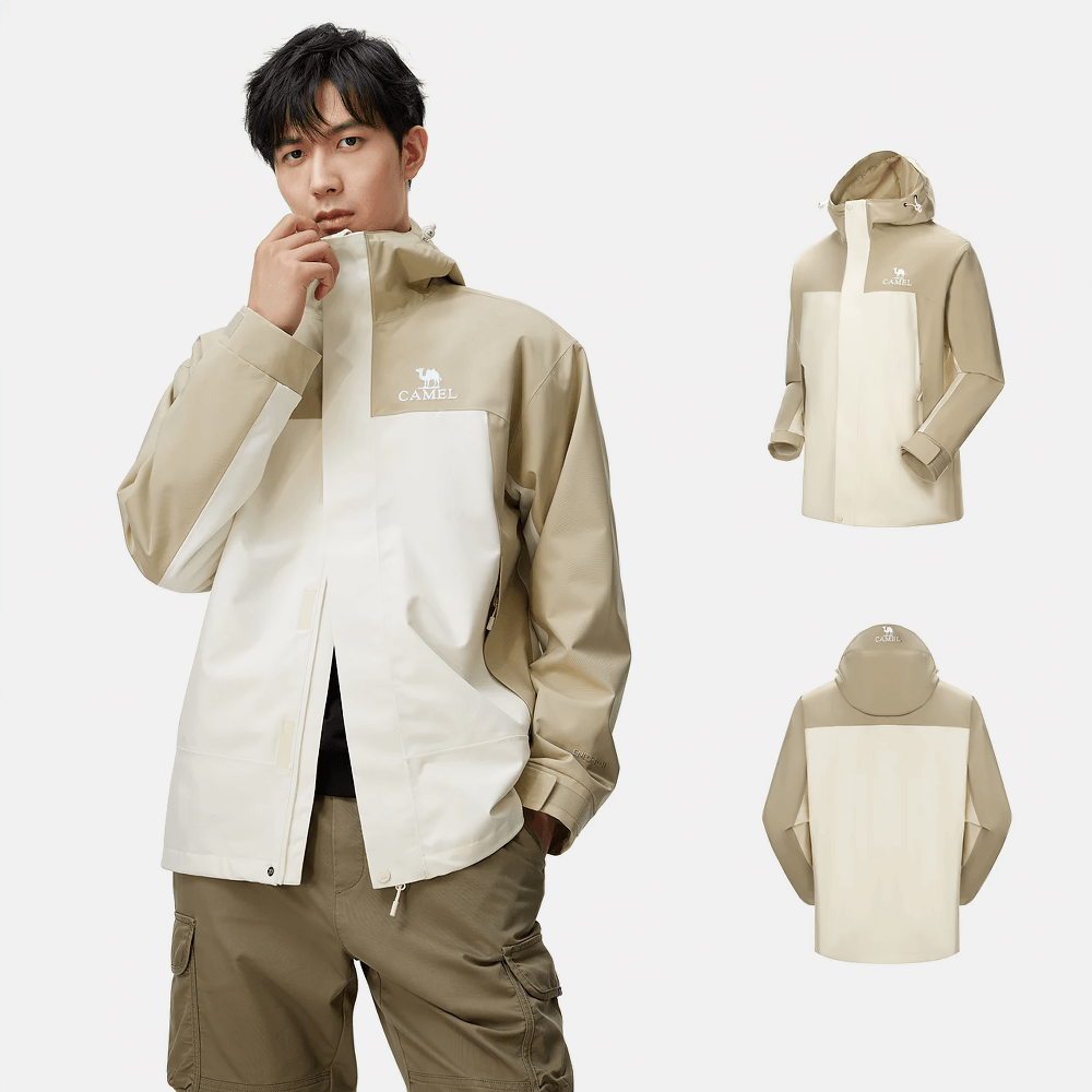 Man modeling beige and white hiking windbreaker jacket, perfect for outdoor adventures, featuring thermal and windproof properties.