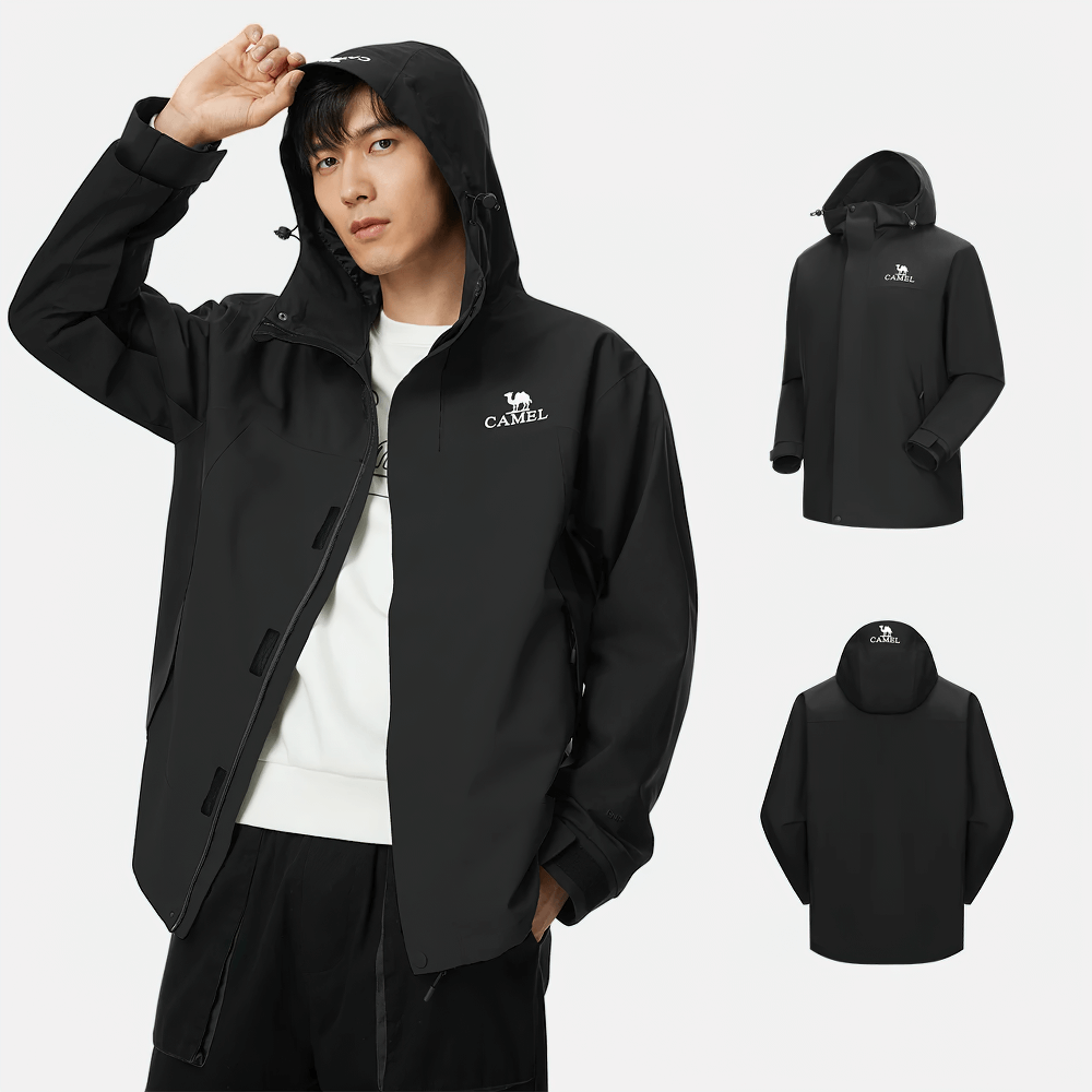 Man wearing black hiking windbreaker jacket SF2297 with hood, displaying waterproof and windproof features for outdoor adventures.