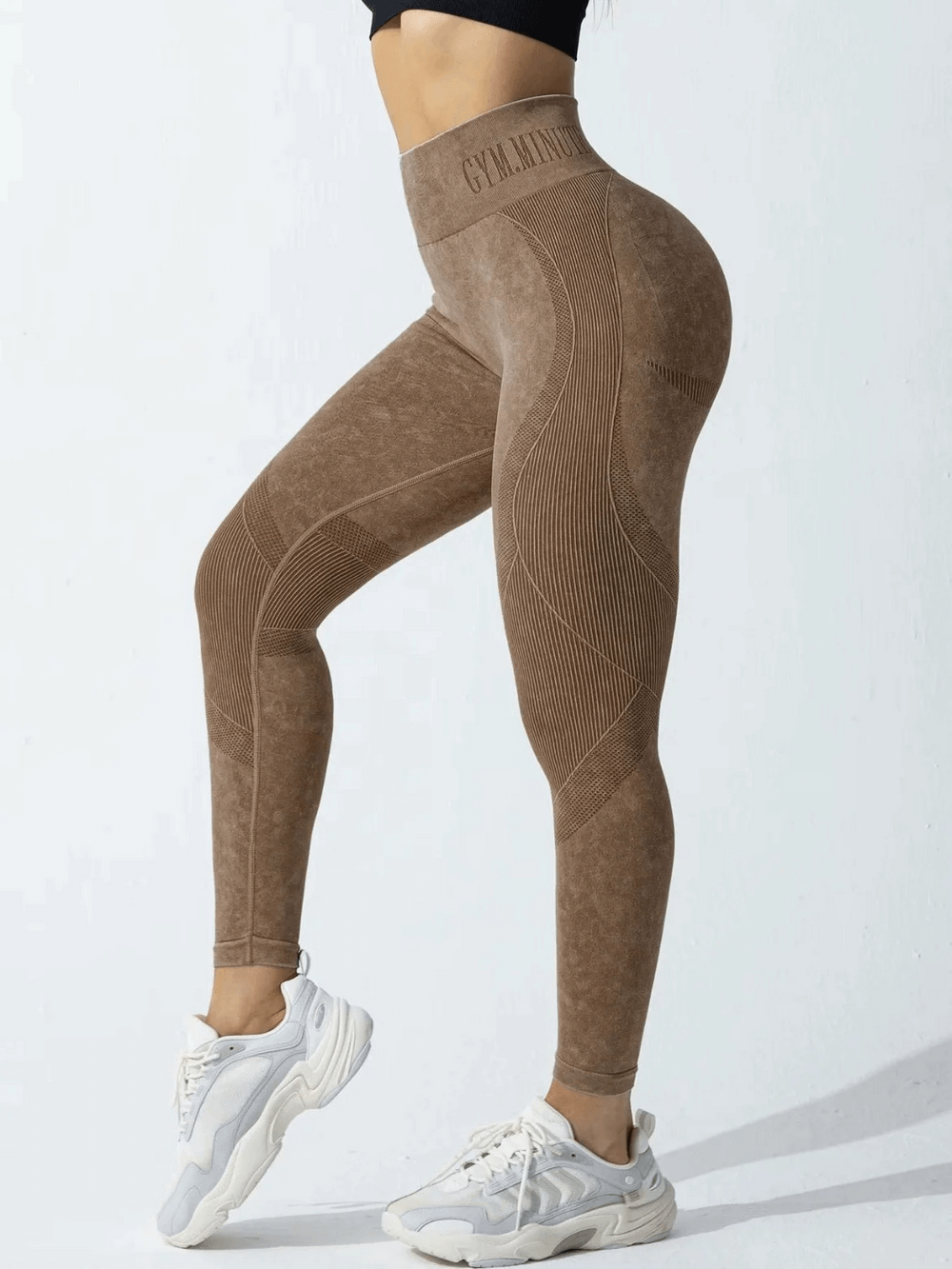 Hip Lift Yoga Pants with Letter Waistband - SF4066 in brown, seamless high waist gym leggings for women, contour-knit, side view