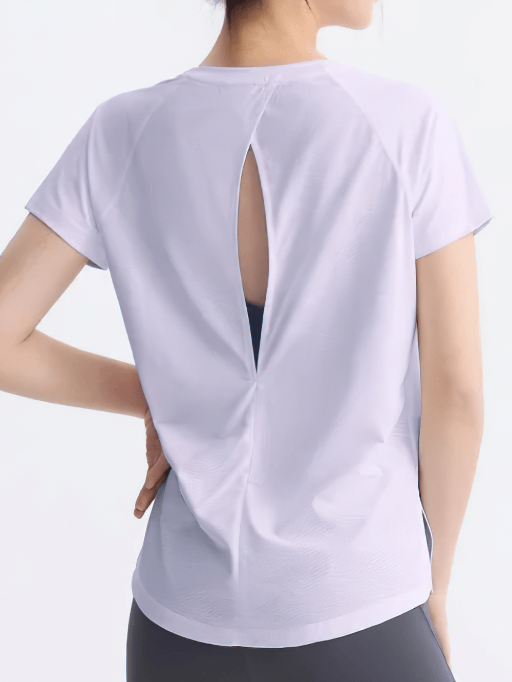 Alt Tag: Hollow Back Yoga Sports T-Shirt for Women's - SF4445 white short sleeve top with hollow back cutout, breathable yoga activewear back view