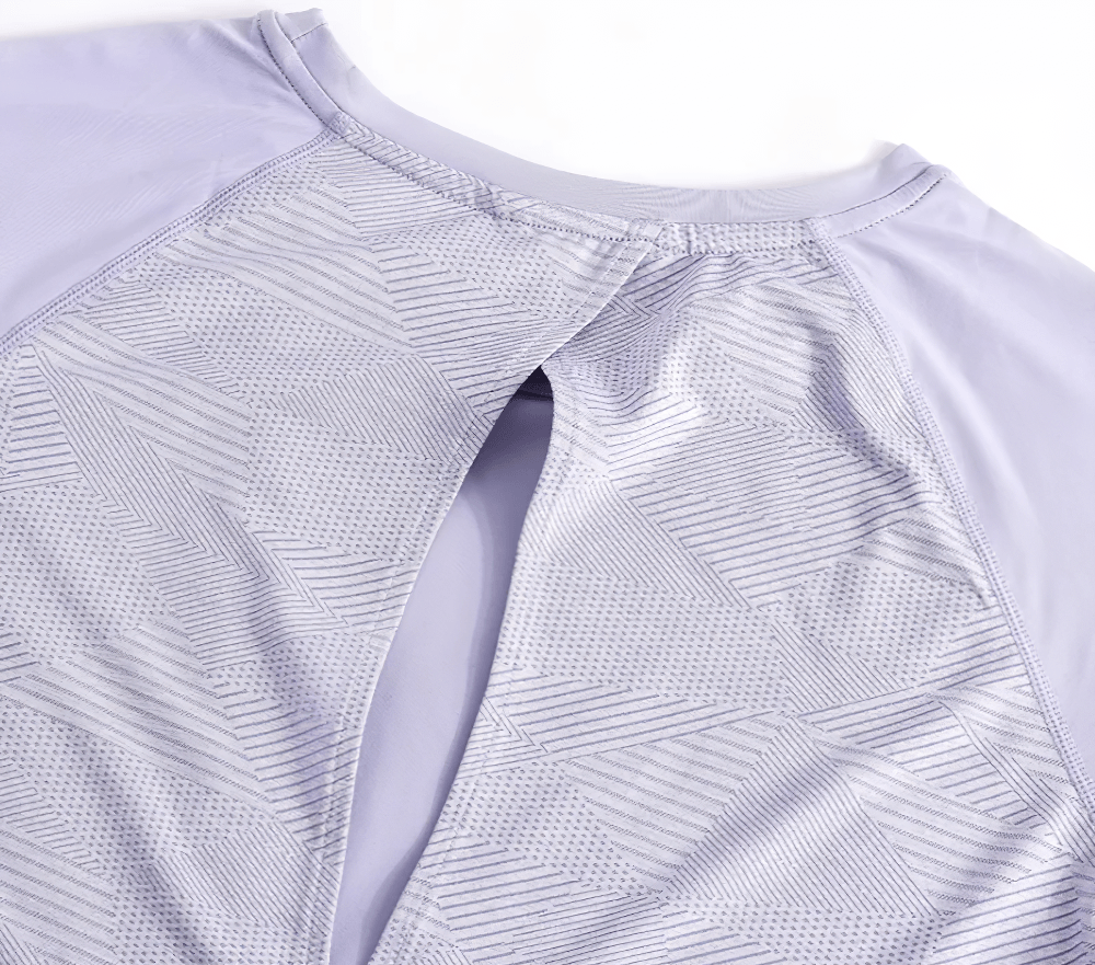 Alt Tag: Hollow Back Yoga Sports T-Shirt for Women's - SF4445 hollow back detail close-up, breathable short sleeve yoga top