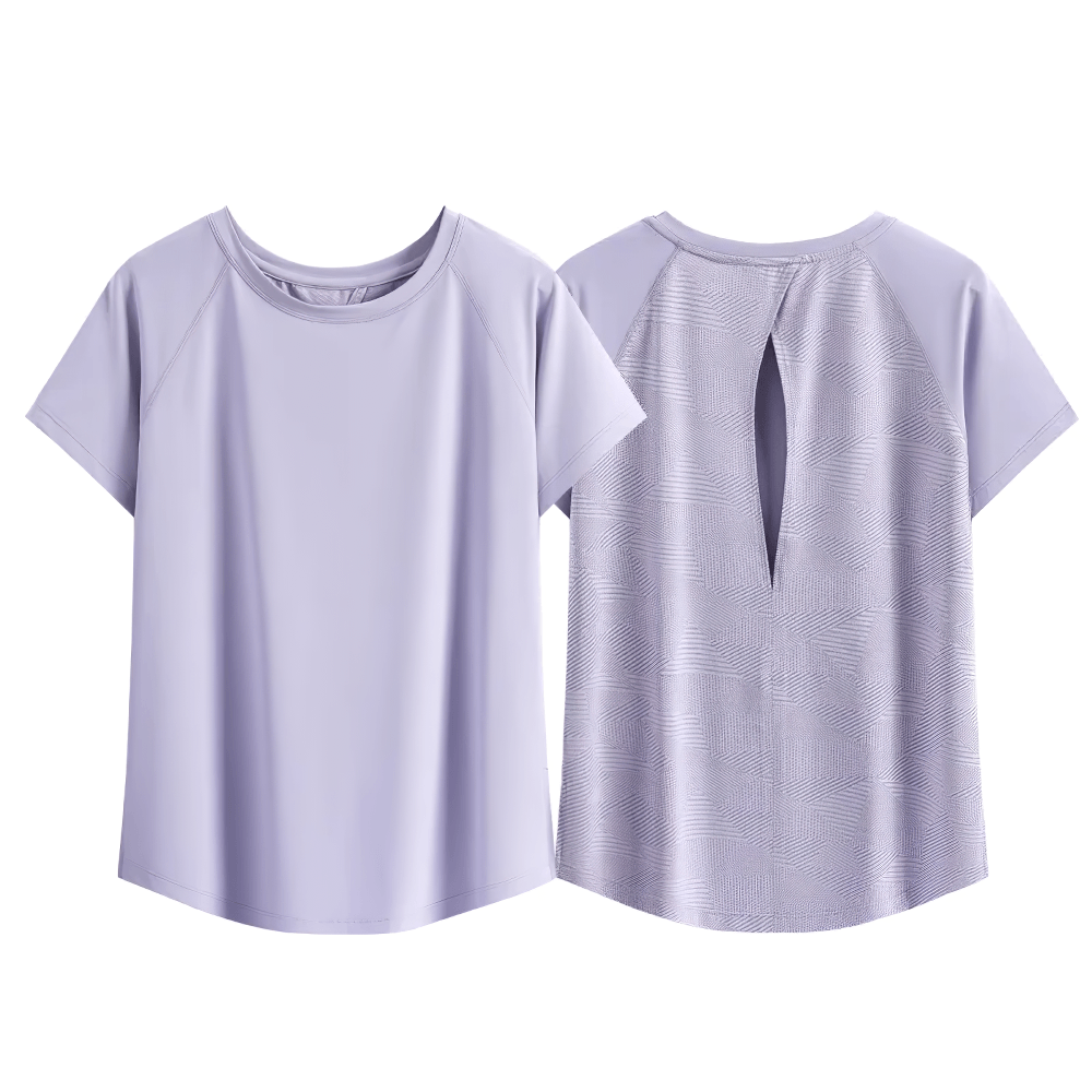 Alt Tag: Hollow Back Yoga Sports T-Shirt for Women's - SF4445 lavender short sleeve top with hollow back vent, breathable studio yoga activewear