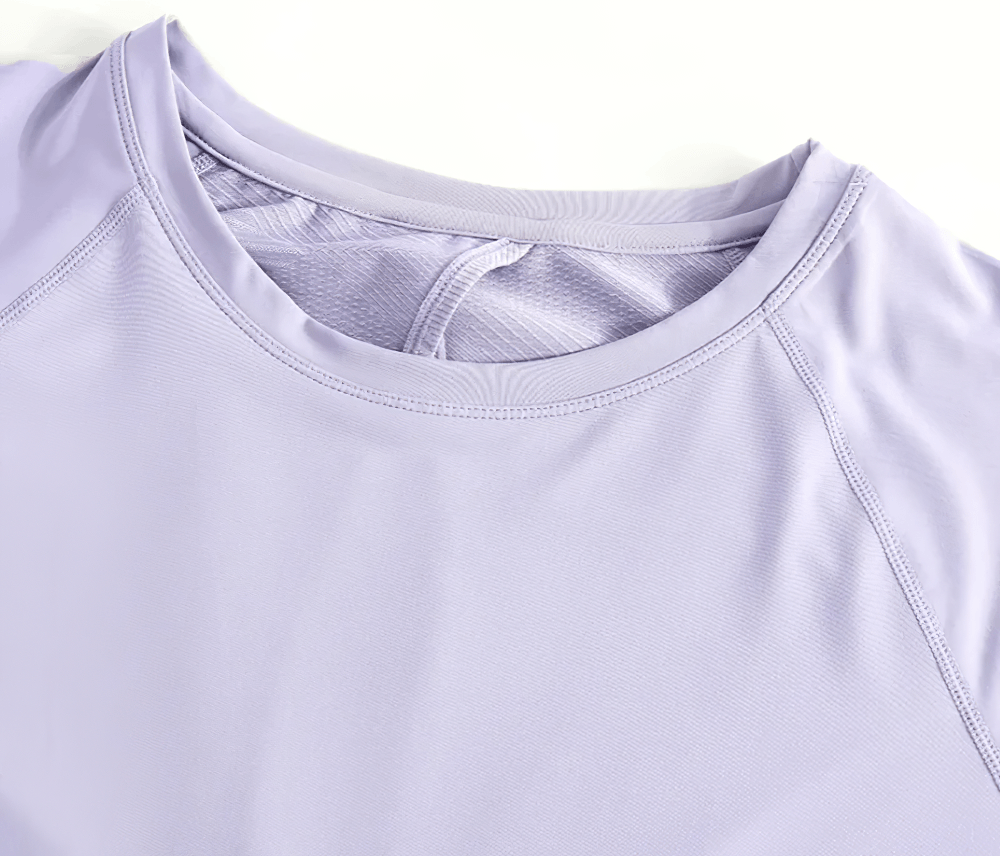 Alt Tag: Hollow Back Yoga Sports T-Shirt for Women's - SF4445 lavender short sleeve active tee close-up, breathable smooth fabric neckline detail