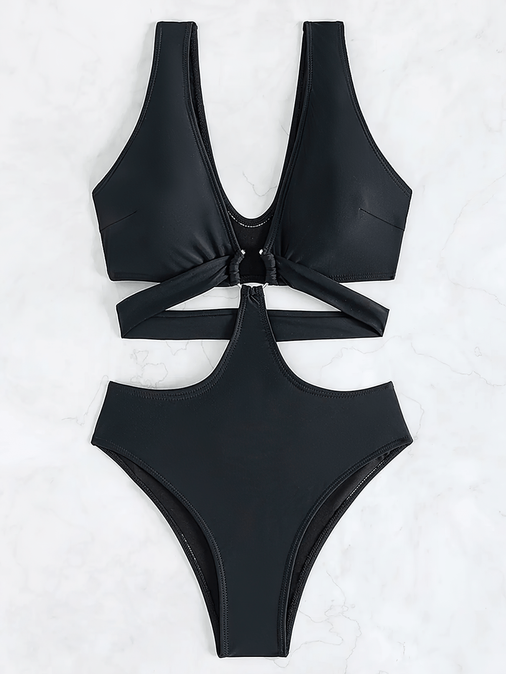 Hollow Out Deep-V One-Piece Beach Swimwear - SF4759 showcasing a stylish black monokini with unique cutout details.