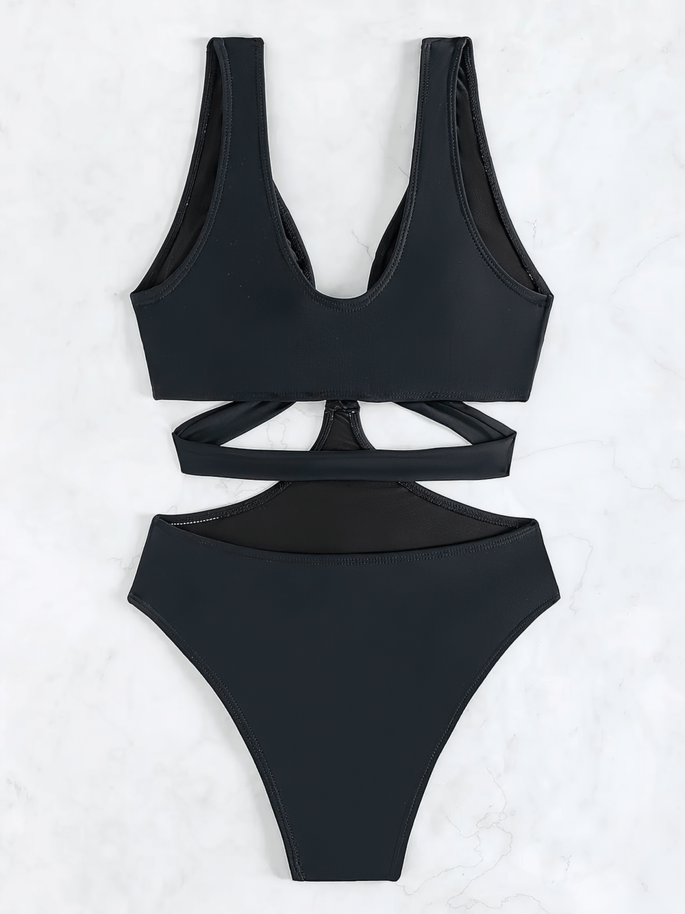 Hollow Out Deep-V One-Piece Beach Swimwear - SF4759 showcasing a stylish black bikini with cut-out design.