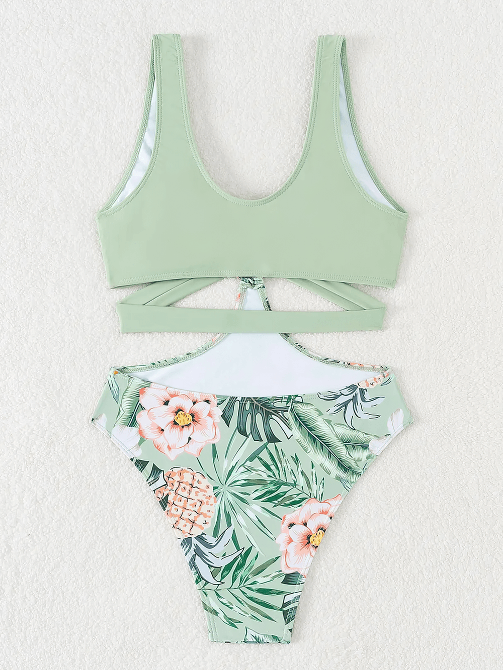 Hollow Out Deep-V One-Piece Beach Swimwear - SF4759 in green with floral print and stylish cutout design.