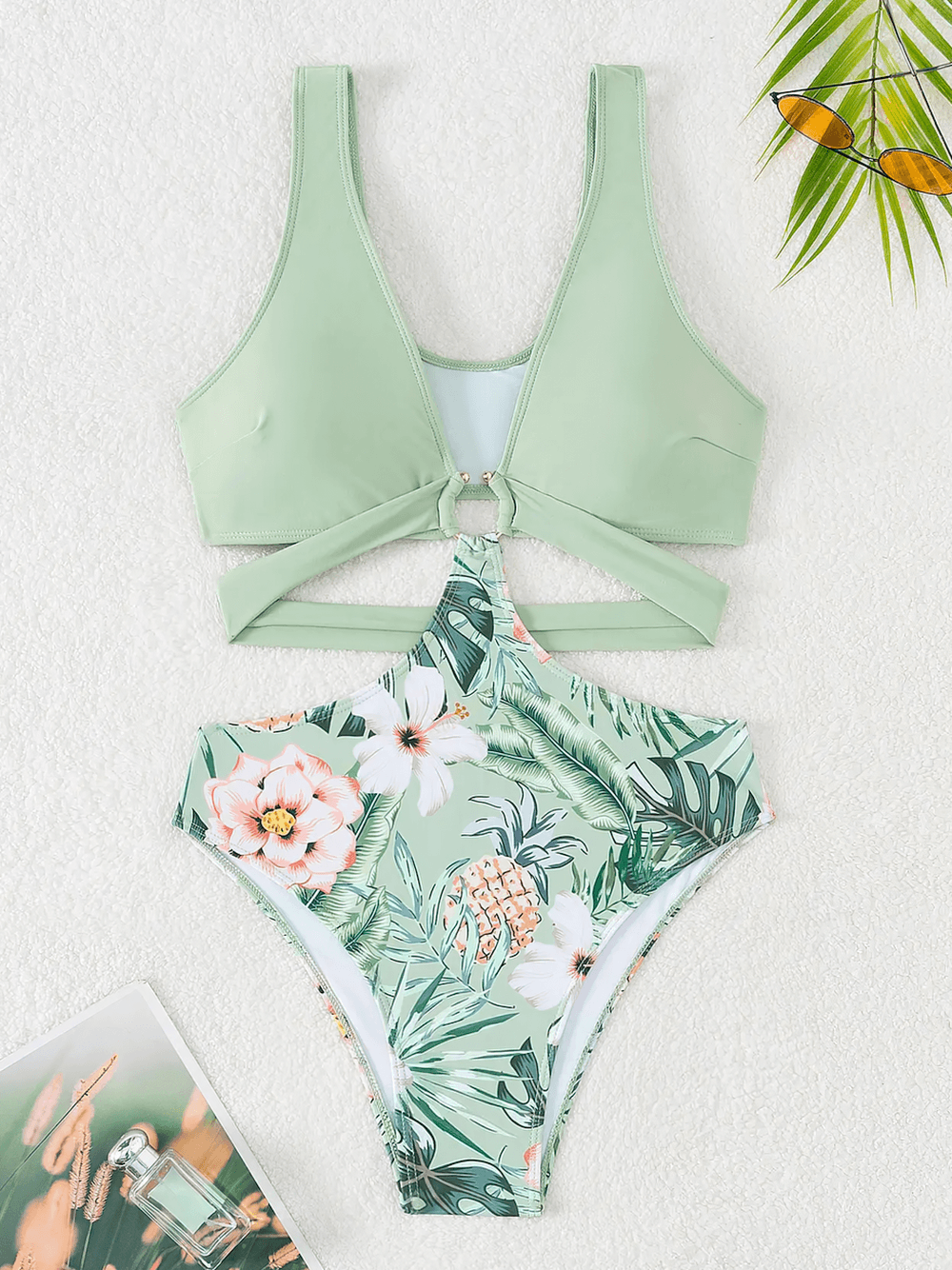 Hollow Out Deep-V One-Piece Beach Swimwear - SF4759 in vibrant green with floral print and ring detail, perfect for summer.