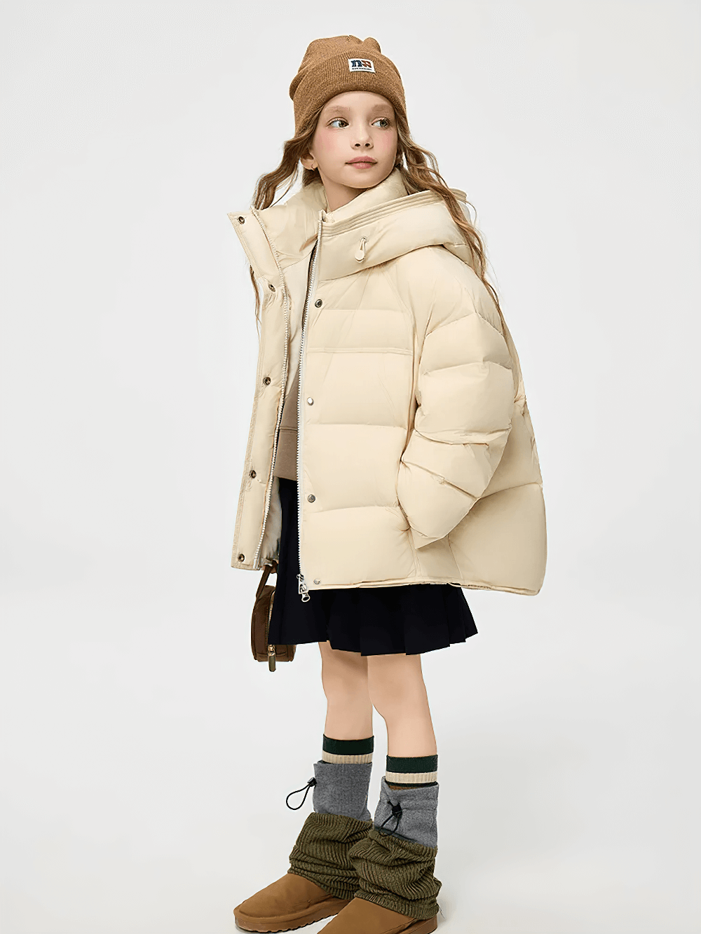Young model wearing Hooded Down Jacket with Warm Thicken Short Design - SF3637, showcasing beige duck down puffer with hood for winter.