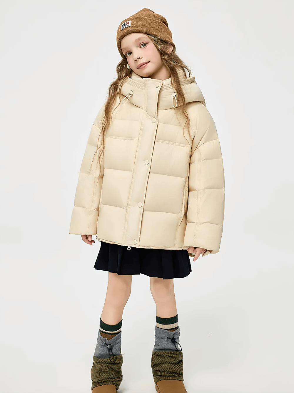 Young teen wearing Hooded Down Jacket with Warm Thicken Short Design - SF3637 in beige, showcasing puffer style and insulated hood.