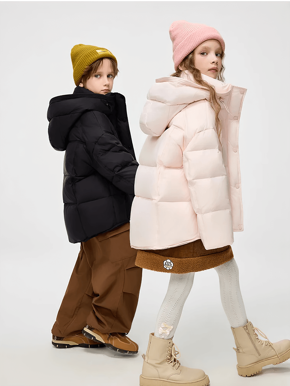 Two teens wearing Hooded Down Jacket with Warm Thicken Short Design - SF3637, showcasing the stylish and warm puffer jackets.