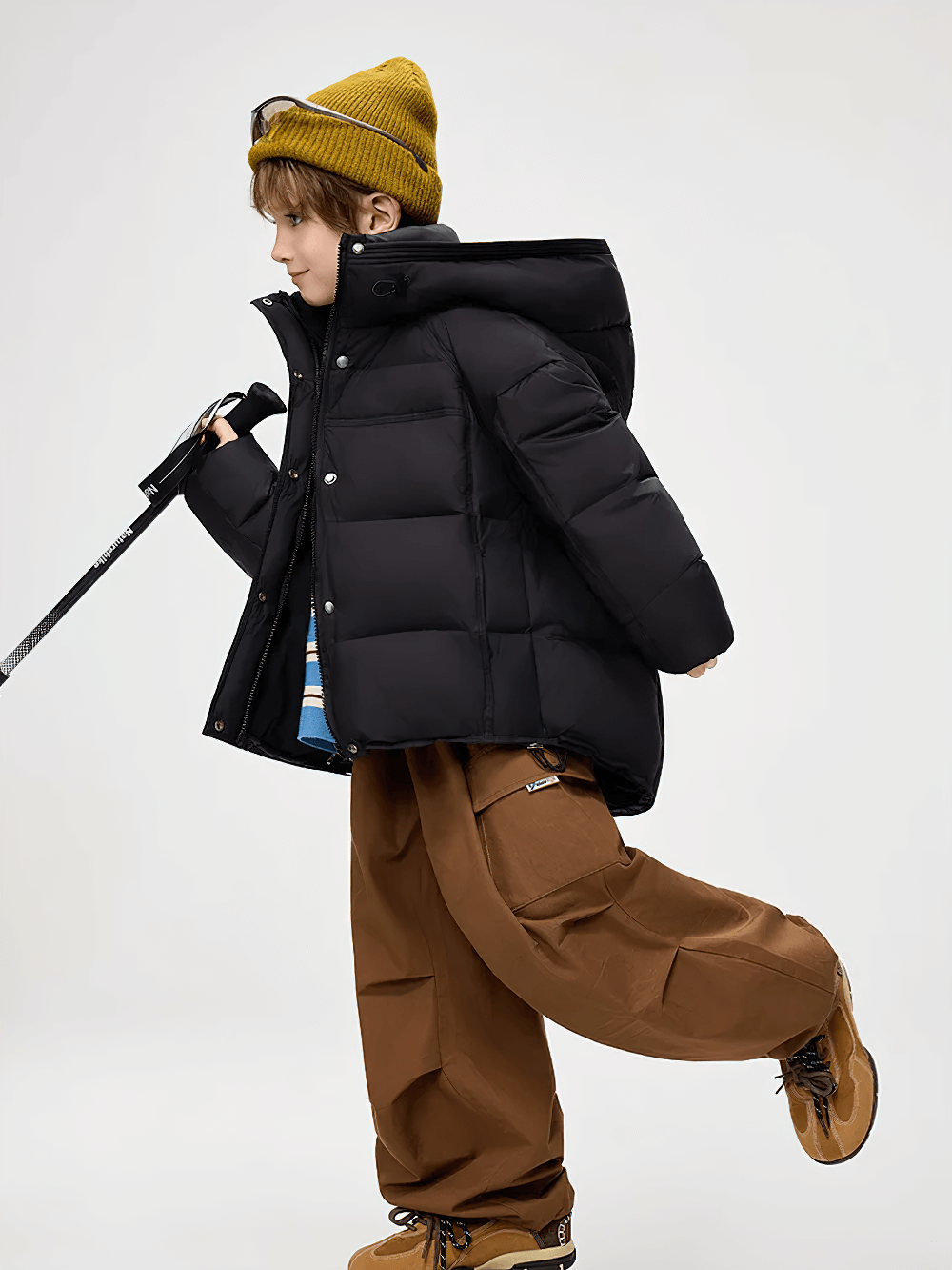 Teen wearing the Hooded Down Jacket with Warm Thicken Short Design - SF3637, showcasing the insulated hood and lightweight puffer style.