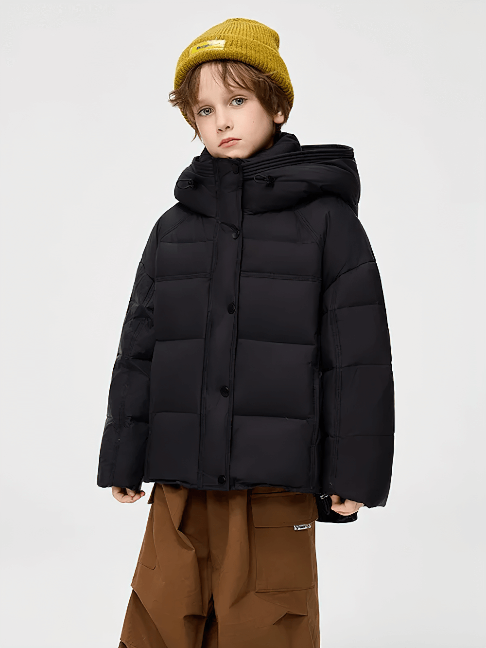 Young teen wearing the Hooded Down Jacket with Warm Thicken Short Design - SF3637, featuring a cozy puffer style and insulated hood, perfect for winter activities.