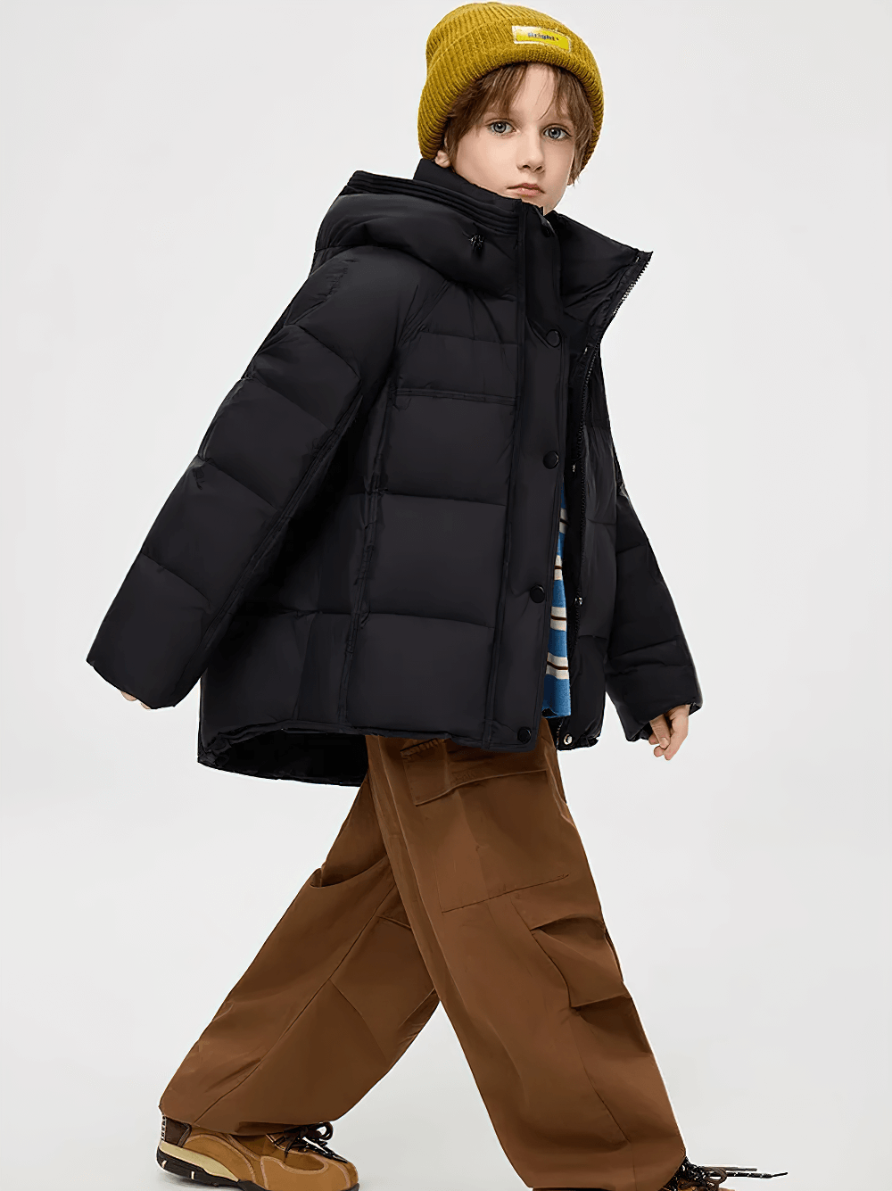 Young teen in Hooded Down Jacket with Warm Thicken Short Design - SF3637, walking confidently in a stylish puffer coat for winter warmth.