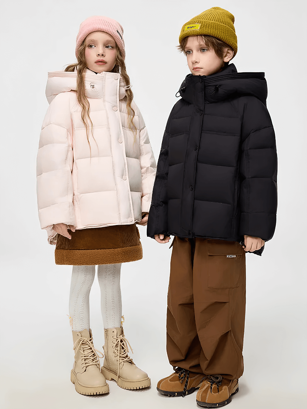Young teens wearing Hooded Down Jacket with Warm Thicken Short Design - SF3637, showcasing puffer style for cold seasons.