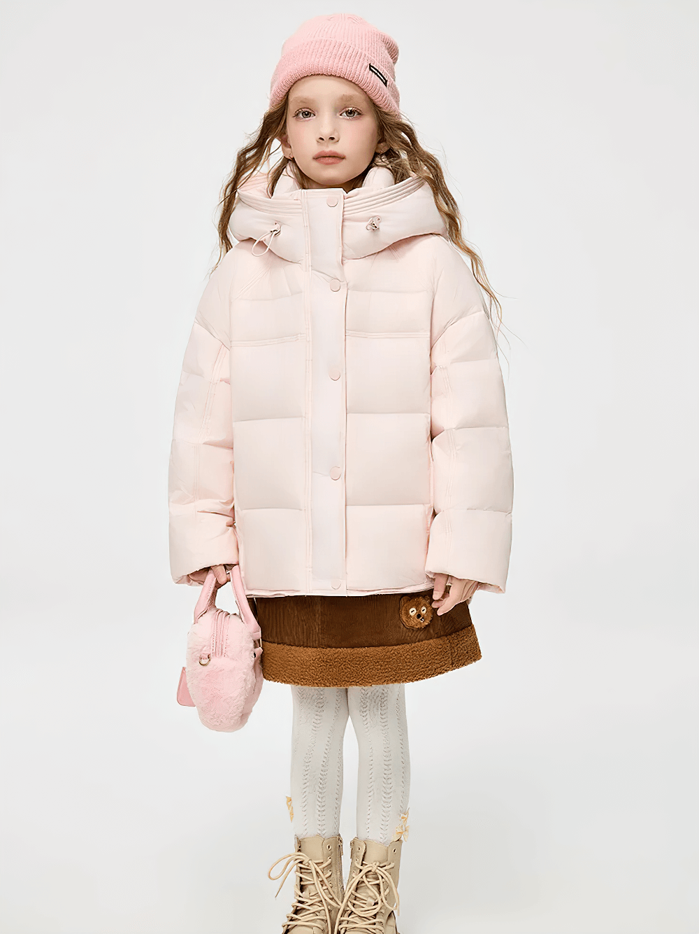 Hooded Down Jacket with Warm Thicken Short Design - SF3637 on teen model, stylish pink puffer with hood for winter warmth and style.