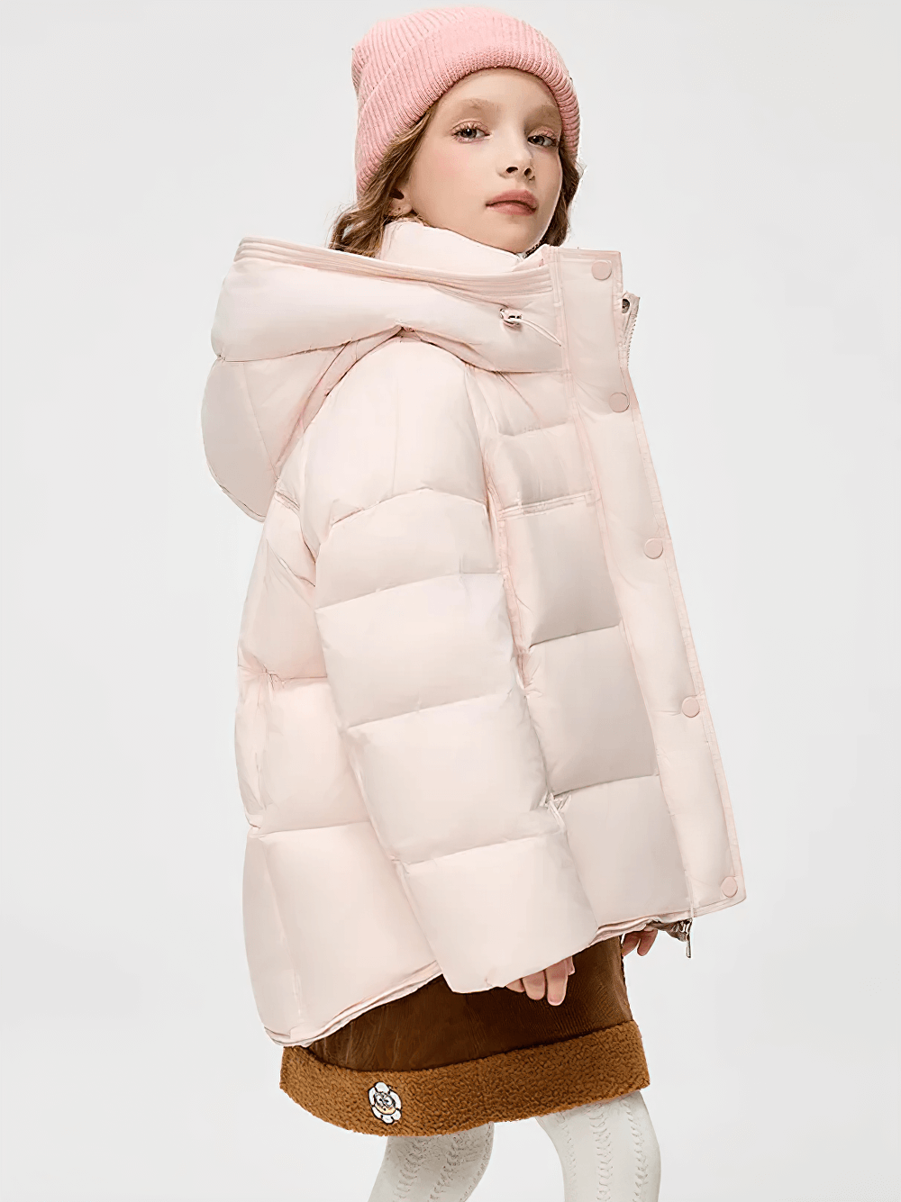 Teen wearing Hooded Down Jacket with Warm Thicken Short Design - SF3637, pink puffer style, perfect for cold weather.