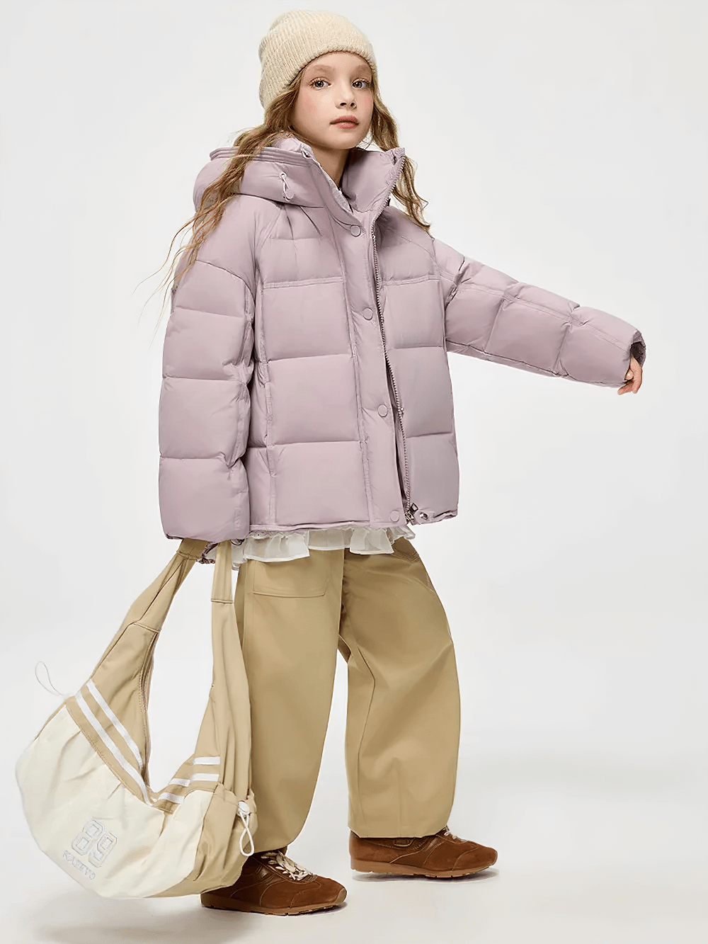 Teen wearing Hooded Down Jacket with Warm Thicken Short Design - SF3637, featuring a cozy hood and puffer style for winter activities.