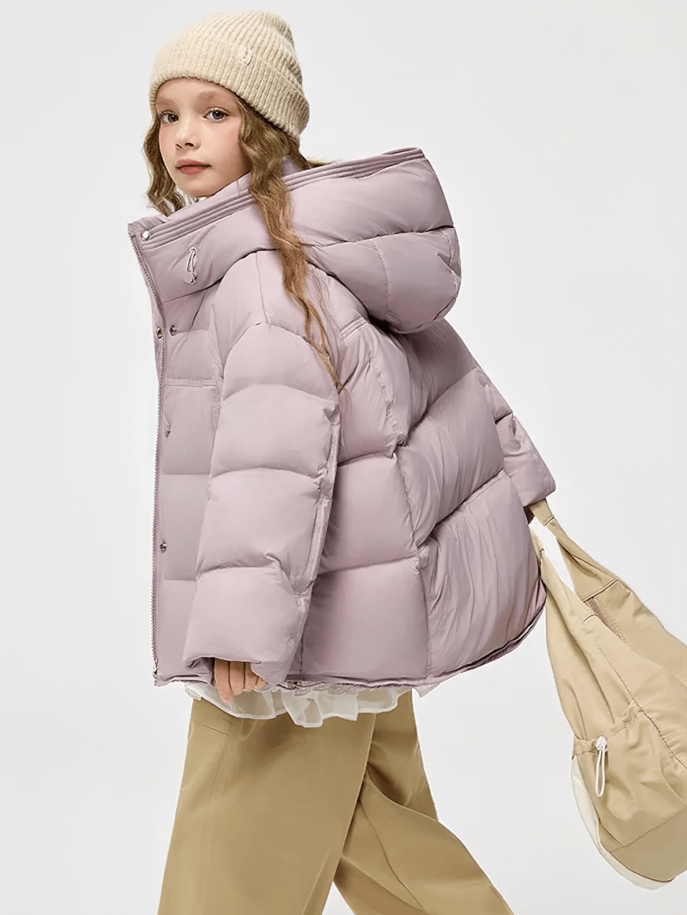 Teen wearing Hooded Down Jacket with Warm Thicken Short Design - SF3637 in light lavender
