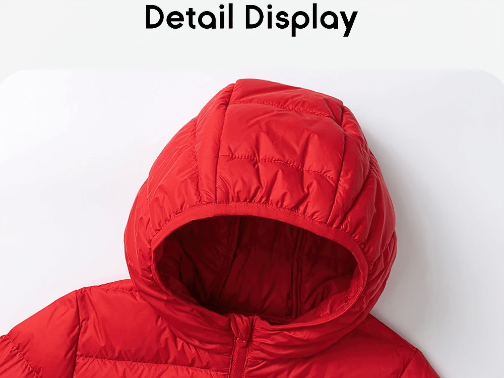 Close-up of red Hooded Down Jacket with Waterproof Outer Shell - SF3510, showcasing detailed hood design in a children's puffer coat.