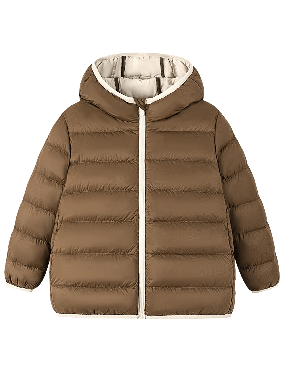 Children's Hooded Down Jacket with Waterproof Outer Shell - SF3510, brown puffer coat with zipper and hood for winter warmth.