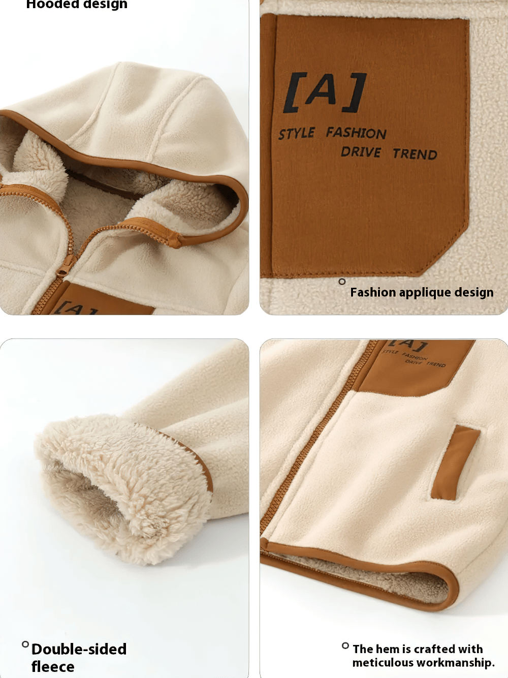 Hooded Fleece Jacket with Applique and Zipper - SF3839, showcasing cozy double-sided fleece and stylish fashion applique close-up.