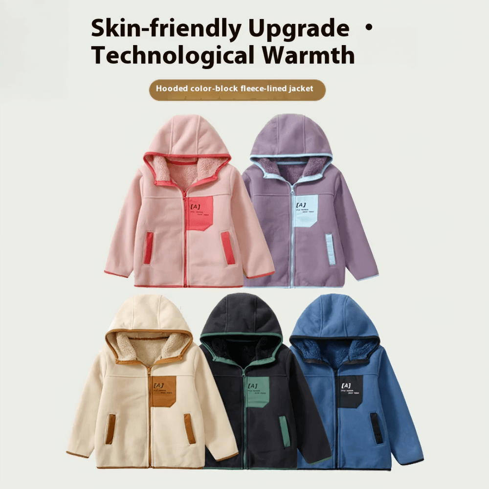 Colorful hooded fleece jackets with applique and zipper, featuring skin-friendly technology and stylish design.