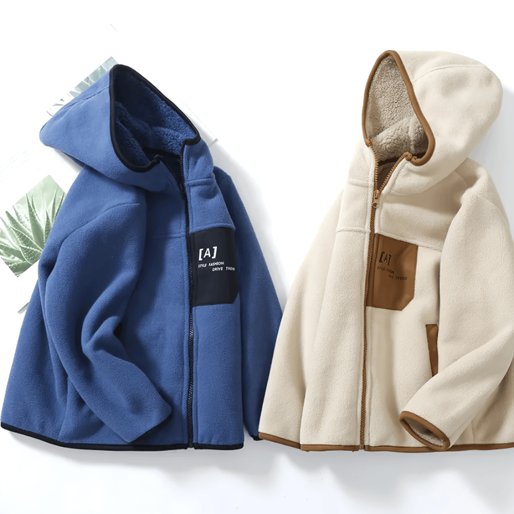 Hooded Fleece Jacket with Applique and Zipper - SF3839: Blue and beige jackets with contrasting details, perfect for cozy style.