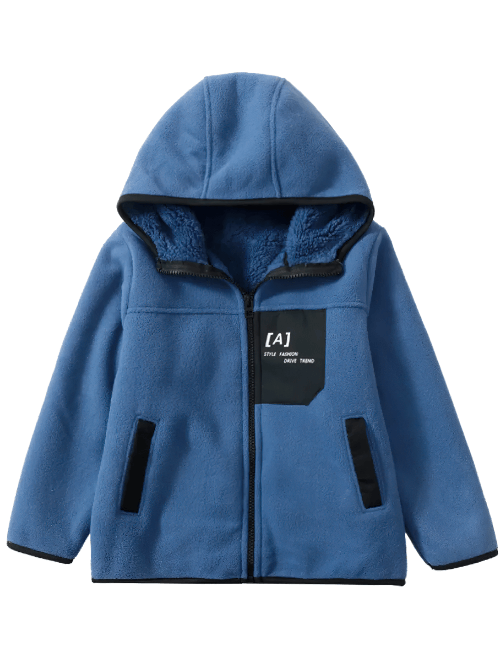 Stylish Hooded Fleece Jacket with Applique and Zipper - SF3839 in vibrant color with fashion applique design and sleek black details.